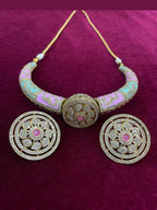 Aganya kreation jewelry Sets Mallika Heritage Gold Tone Hasli Choker with Stud Earrings Mint and pink