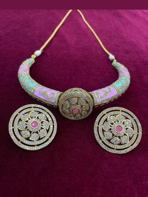 Aganya kreation jewelry Sets Mallika Heritage Gold Tone Hasli Choker with Stud Earrings Mint and pink