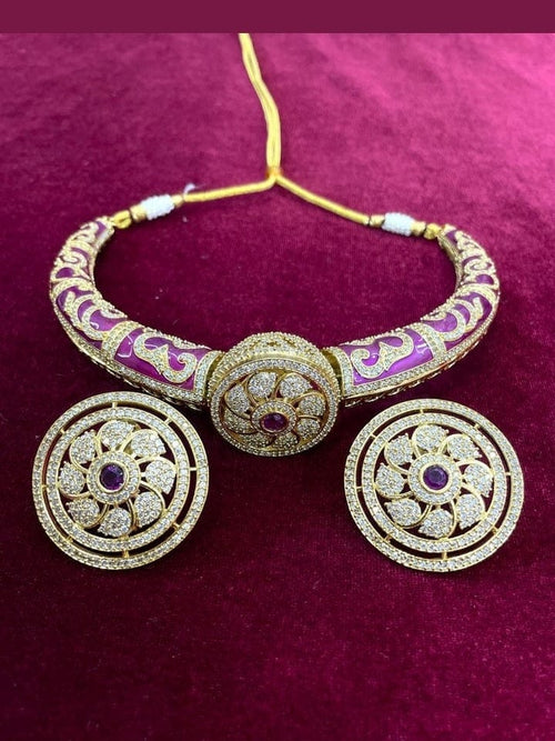Aganya kreation jewelry Sets Mallika Heritage Gold Tone Hasli Choker with Stud Earrings Purple