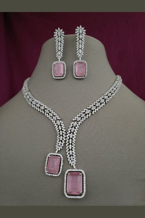 Aganya kreation jewelry Sets Milano Set: American Diamond Silver Plated Necklace & Earrings Pink Pink