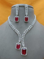 Aganya kreation jewelry Sets Milano Set: American Diamond Silver Plated Necklace & Earrings Pink Ruby red