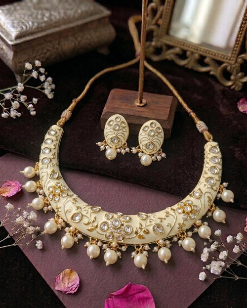 Aganya kreation jewelry Sets Neelanjali Polki Kundan Choker Necklace Set with Pearl Drops | Handcrafted Bridal & Festive Jewellery Cream white