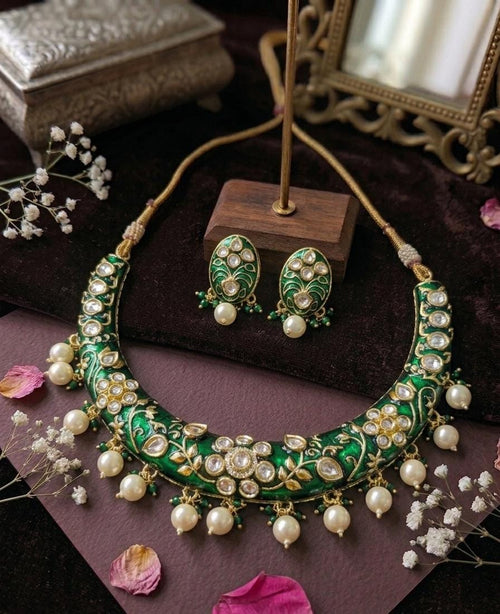 Aganya kreation jewelry Sets Neelanjali Polki Kundan Choker Necklace Set with Pearl Drops | Handcrafted Bridal & Festive Jewellery Dark green