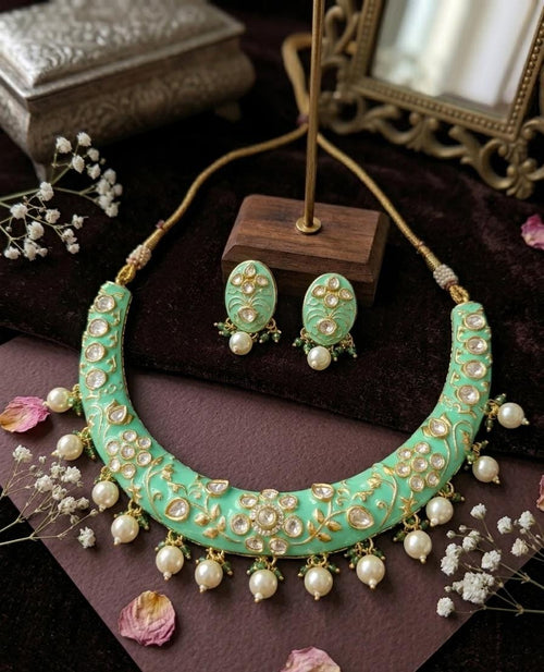 Aganya kreation jewelry Sets Neelanjali Polki Kundan Choker Necklace Set with Pearl Drops | Handcrafted Bridal & Festive Jewellery Mint green