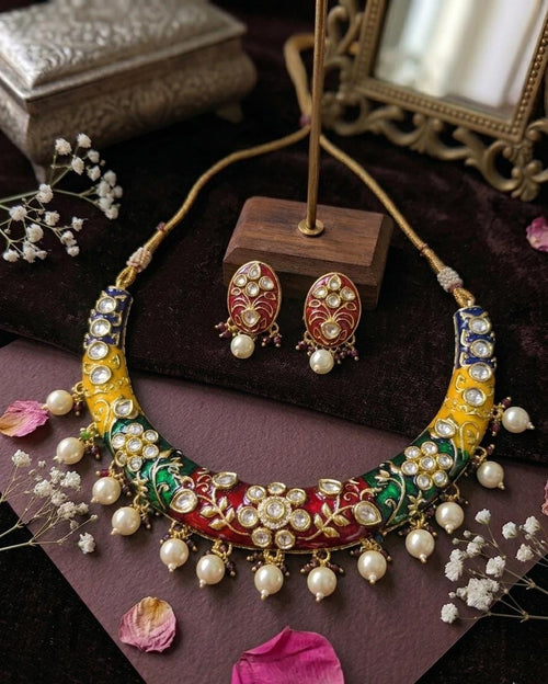 Aganya kreation jewelry Sets Neelanjali Polki Kundan Choker Necklace Set with Pearl Drops | Handcrafted Bridal & Festive Jewellery Multicolor