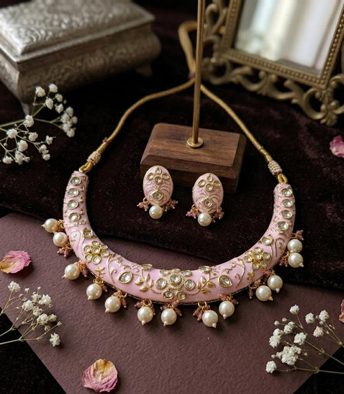 Aganya kreation jewelry Sets Neelanjali Polki Kundan Choker Necklace Set with Pearl Drops | Handcrafted Bridal & Festive Jewellery Pastel pink
