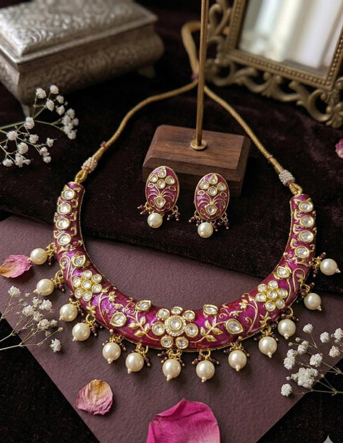 Aganya kreation jewelry Sets Neelanjali Polki Kundan Choker Necklace Set with Pearl Drops | Handcrafted Bridal & Festive Jewellery Purple