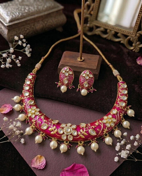 Aganya kreation jewelry Sets Neelanjali Polki Kundan Choker Necklace Set with Pearl Drops | Handcrafted Bridal & Festive Jewellery Rani pink