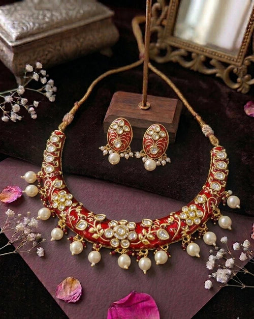 Aganya kreation jewelry Sets Neelanjali Polki Kundan Choker Necklace Set with Pearl Drops | Handcrafted Bridal & Festive Jewellery Red
