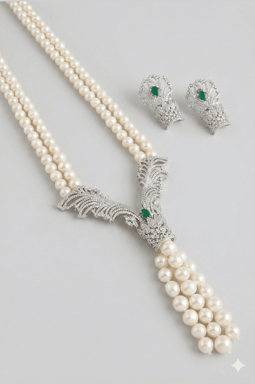 Aganya kreation jewelry Sets Parineeta Divine Wing Real Pearl Necklace Set Emerlad green