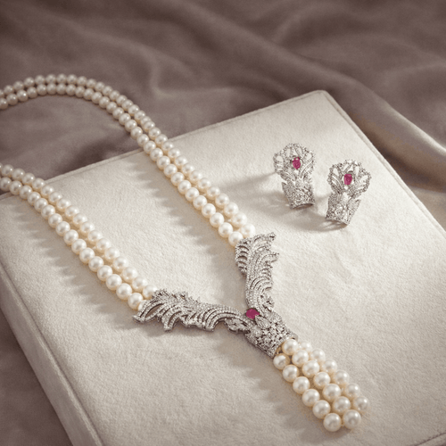 Aganya kreation jewelry Sets Parineeta Divine Wing Real Pearl Necklace Set Rani pink
