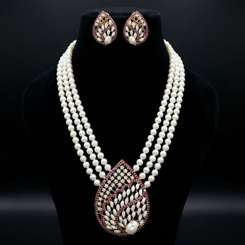 Aganya kreation jewelry Sets Pragati Real Pearl Triple-Layer Necklace Set with Statement Pendant- Elegant Ethnic Jewelry for All Occasions