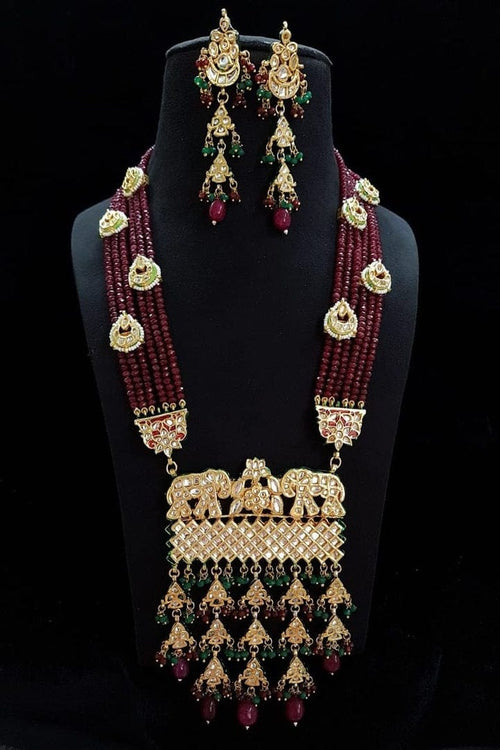 Aganya kreation jewelry Sets Pranshi Long Kundan Set - Elegant Jadtar Jewelry Dark maroon