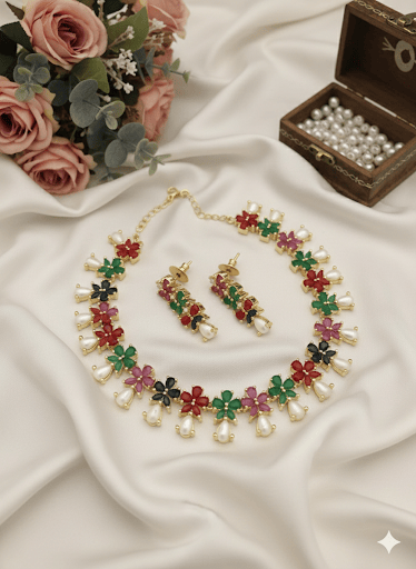 Aganya kreation jewelry Sets Premium Floral Real Pearl Gold Plated Necklace Earrings Set
