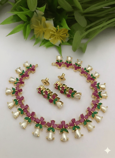 Aganya kreation jewelry Sets Premium Floral Real Pearl Gold Plated Necklace Earrings Set