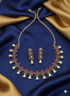 Aganya kreation jewelry Sets Premium Floral Real Pearl Gold Plated Necklace Earrings Set Ruby Red and Green