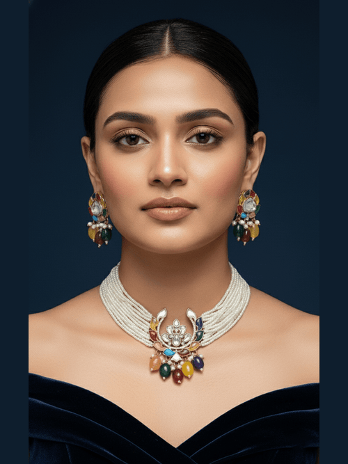 Aganya kreation jewelry Sets Pritika Polki Navratan Set - Ethnic Choker & Earrings