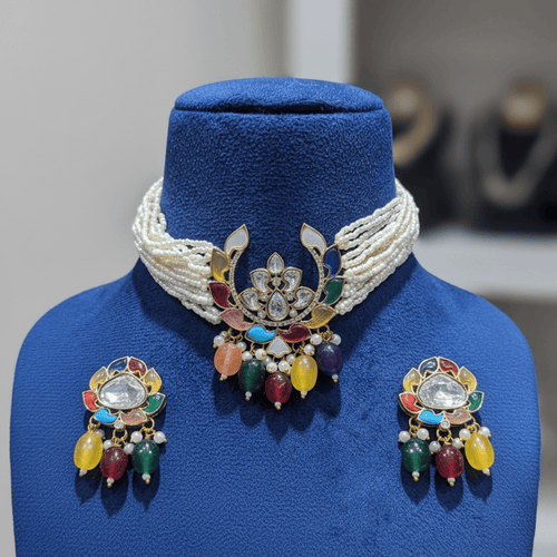 Aganya kreation jewelry Sets Pritika Polki Navratan Set - Ethnic Choker & Earrings