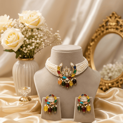 Aganya kreation jewelry Sets Pritika Polki Navratan Set - Ethnic Choker & Earrings