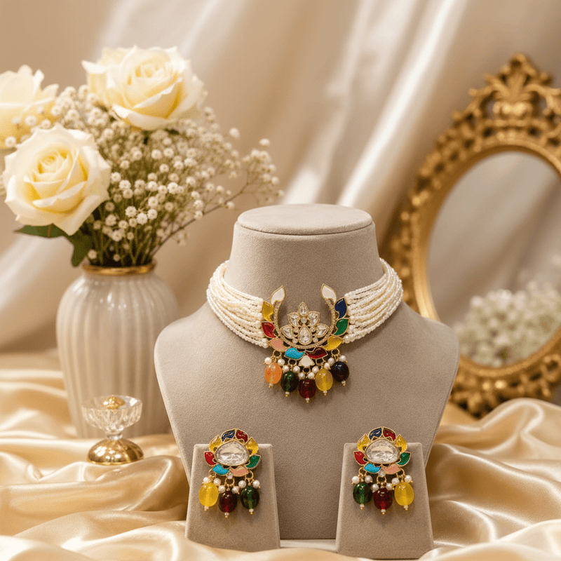 Aganya kreation jewelry Sets Pritika Polki Navratan Set - Ethnic Choker & Earrings