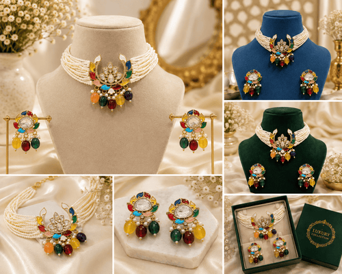 Aganya kreation jewelry Sets Pritika Polki Navratan Set - Ethnic Choker & Earrings