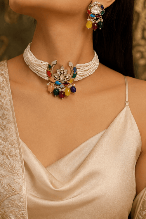 Aganya kreation jewelry Sets Pritika Polki Navratan Set - Ethnic Choker & Earrings
