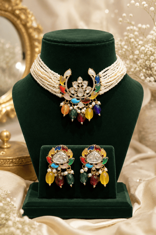 Aganya kreation jewelry Sets Pritika Polki Navratan Set - Ethnic Choker & Earrings