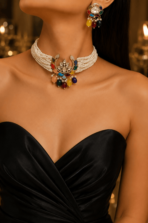 Aganya kreation jewelry Sets Pritika Polki Navratan Set - Ethnic Choker & Earrings