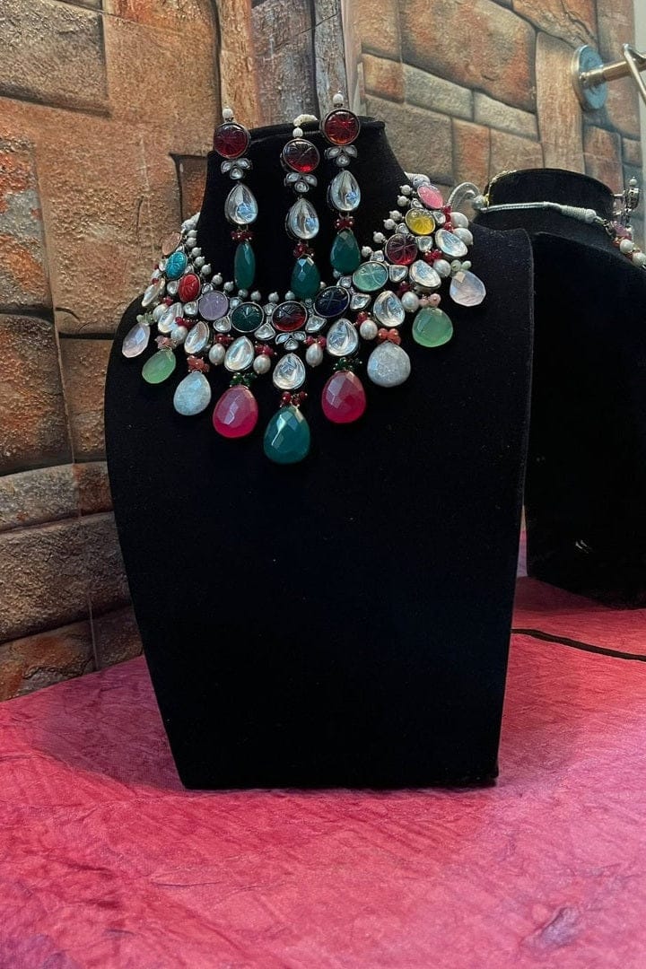 Aganya kreation jewelry Sets Rani Necklace - Natural Stone Set in Polki with Carved Stone Style 1