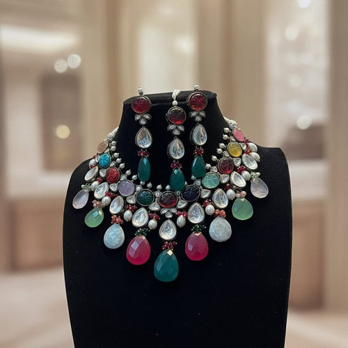 Aganya kreation jewelry Sets Rani Necklace - Natural Stone Set in Polki with Carved Stone Style 1