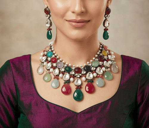 Aganya kreation jewelry Sets Rani Necklace - Natural Stone Set in Polki with Carved Stone Style 1