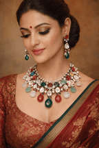 Aganya kreation jewelry Sets Rani Necklace - Natural Stone Set in Polki with Carved Stone Style 1