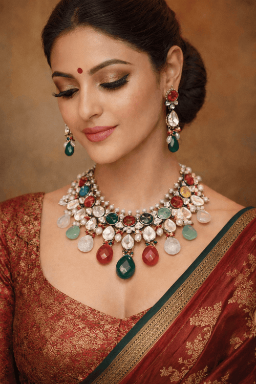 Aganya kreation jewelry Sets Rani Necklace - Natural Stone Set in Polki with Carved Stone Style 1