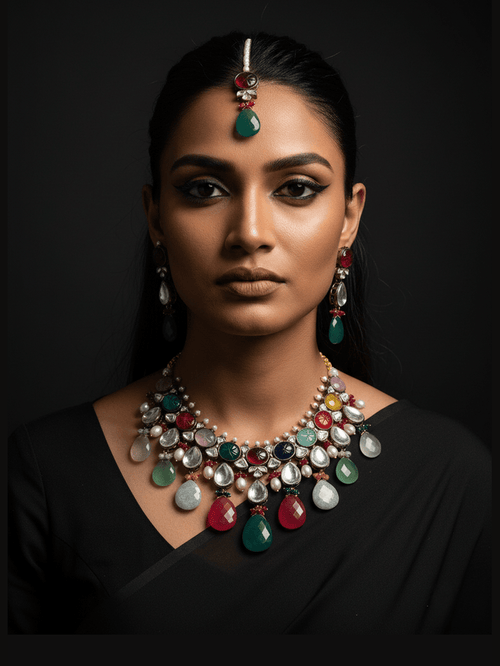 Aganya kreation jewelry Sets Rani Necklace - Natural Stone Set in Polki with Carved Stone Style 1