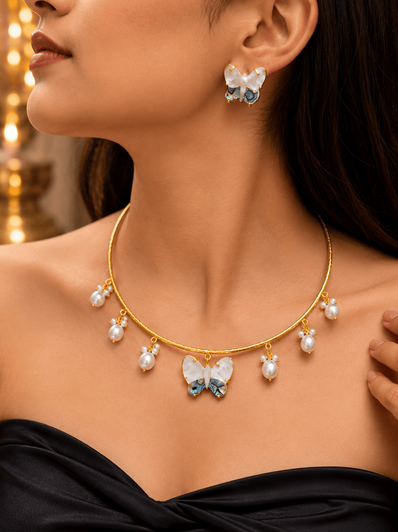Aganya kreation jewelry Sets Real Mother Pearl Aravali Hasli Set - Elegant Ethnic Jewelry