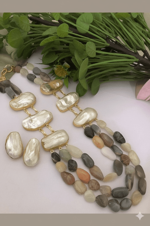 Aganya kreation jewelry Sets Real Pearl-Celeste Baroque Pearl & Natural Stone Set-- Elegant Ethnic Jewelry for All Occasions