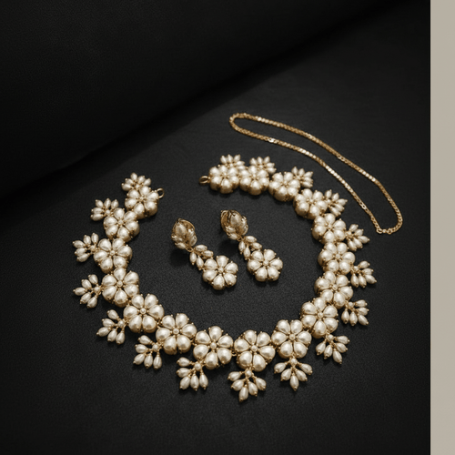 Aganya kreation jewelry Sets Real Pearl Gaurangi Flower Design Sleek Set - Aganya Kreation