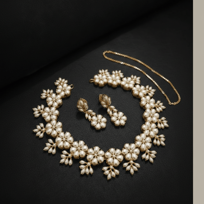Aganya kreation jewelry Sets Real Pearl Gaurangi Flower Design Sleek Set - Aganya Kreation