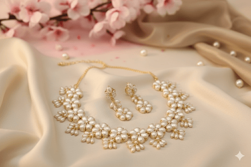 Aganya kreation jewelry Sets Real Pearl Gaurangi Flower Design Sleek Set - Aganya Kreation