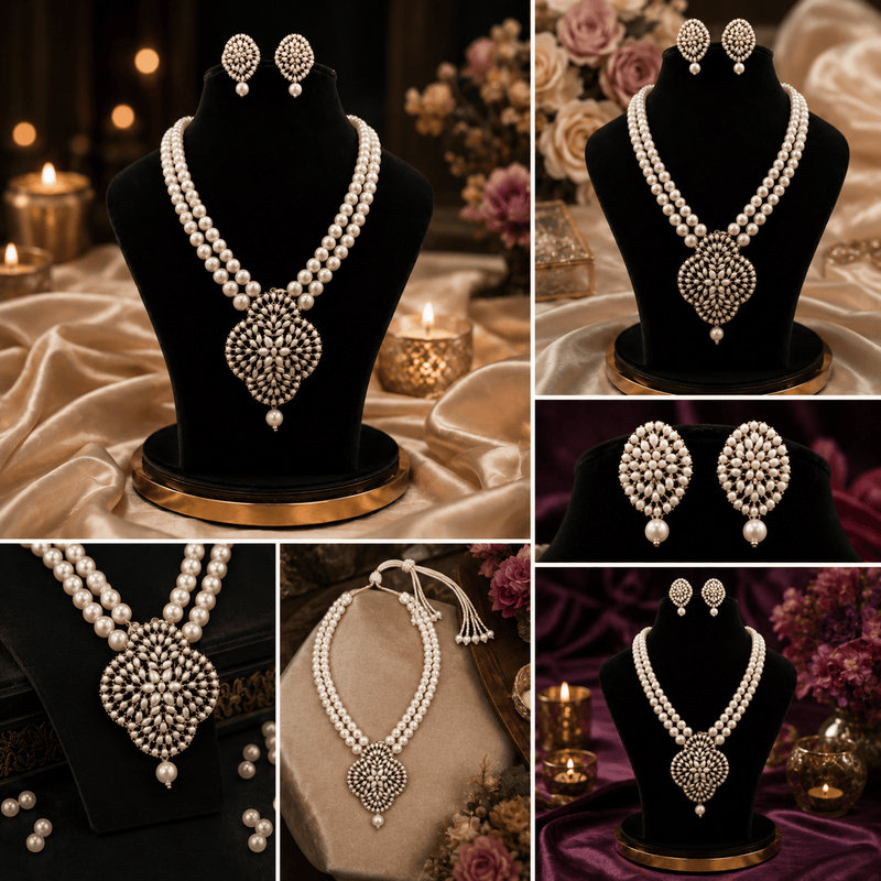 Aganya kreation jewelry Sets Rhea Real Pearl Set - Elegant Brass Jewelry for Every Occasion