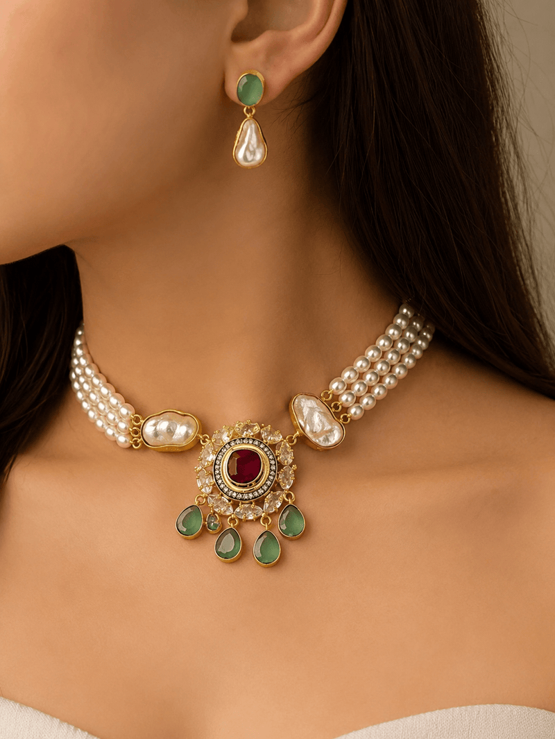 Aganya kreation jewelry Sets Rhythm Real Pearl Choker Set — Freshwater Pearls, CZ & Monalisa in 22k Gold