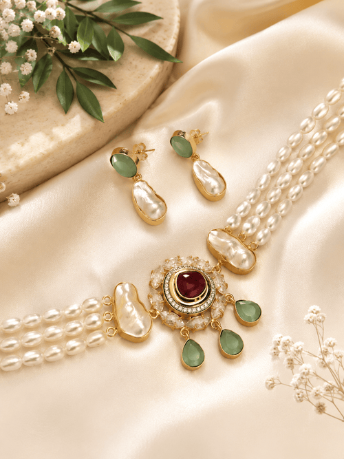 Aganya kreation jewelry Sets Rhythm Real Pearl Choker Set — Freshwater Pearls, CZ & Monalisa in 22k Gold