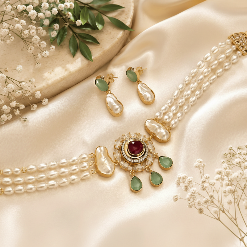 Aganya kreation jewelry Sets Rhythm Real Pearl Choker Set — Freshwater Pearls, CZ & Monalisa in 22k Gold