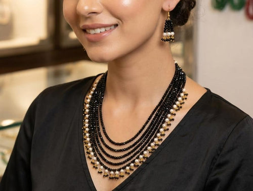 Aganya kreation jewelry Sets Royal Onyx Multi-Layer Beaded Pearl Necklace Set Black