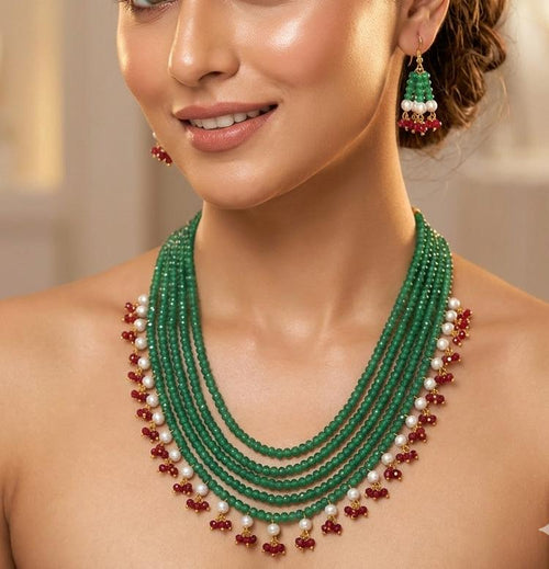 Aganya kreation jewelry Sets Royal Onyx Multi-Layer Beaded Pearl Necklace Set Dark green