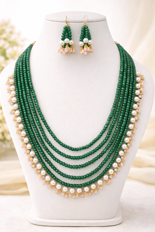 Aganya kreation jewelry Sets Royal Onyx Multi-Layer Beaded Pearl Necklace Set Dark green and peach
