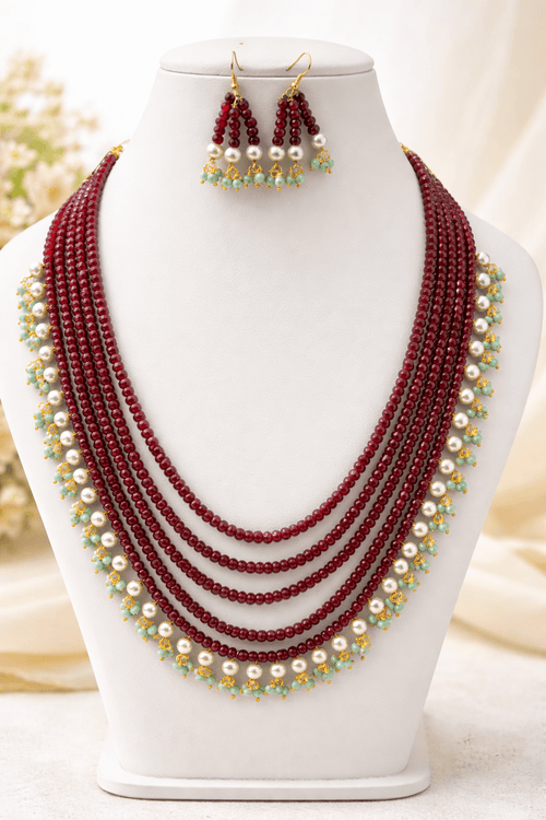 Aganya kreation jewelry Sets Royal Onyx Multi-Layer Beaded Pearl Necklace Set Dark maroon