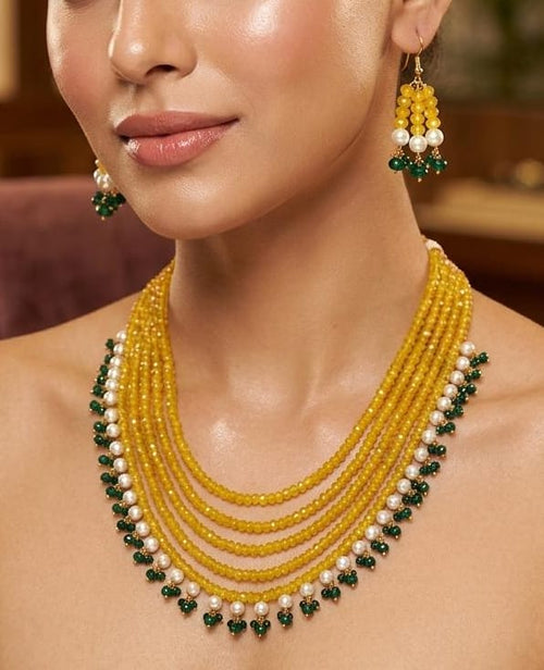 Aganya kreation jewelry Sets Royal Onyx Multi-Layer Beaded Pearl Necklace Set Yellow