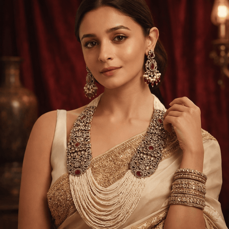 Rudrani Set with polki kundan, pearls, monalisa, and onyx in 22k gold plated brass by Aganya Kreation, Ruby and Mint Green