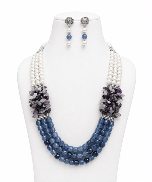 Aganya kreation jewelry Sets Semi Precious Digambari Mala Set — Natural Quartz with Shell Pearl & Monalisa Bead Accents